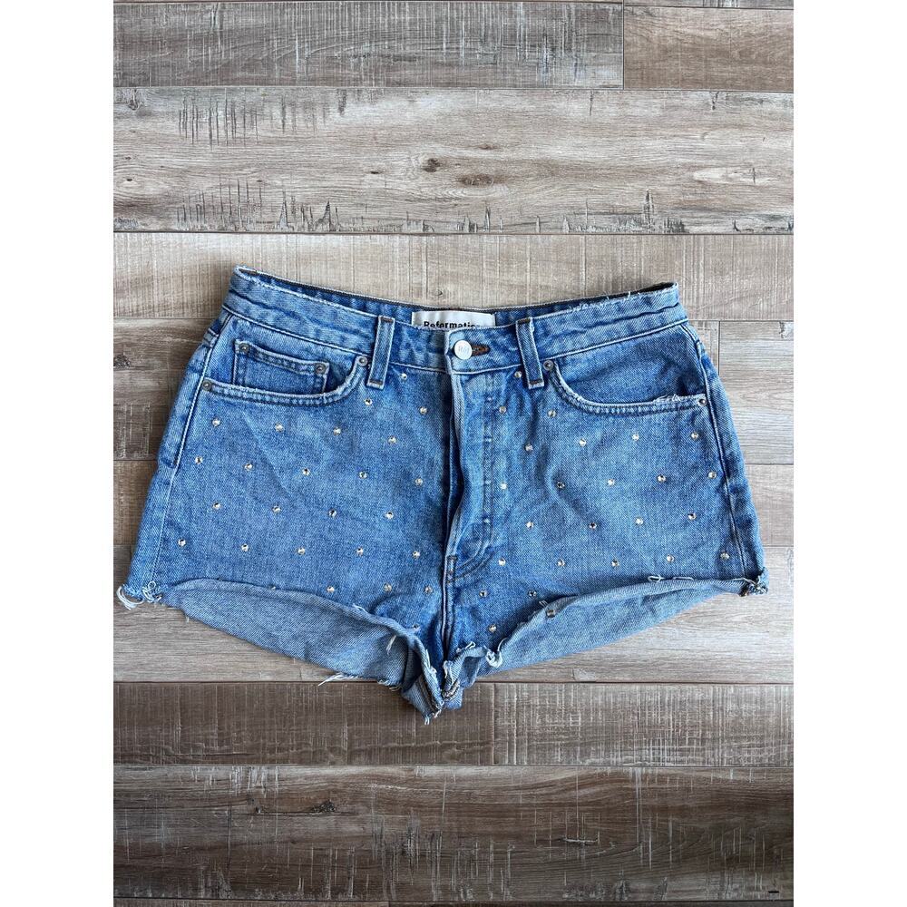 Reformation Blue Denim Studded High-Rise Shorts